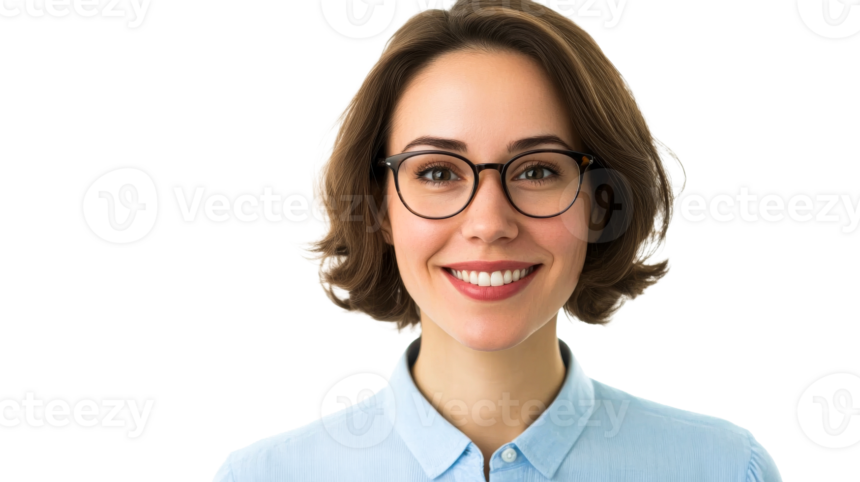 Smiling woman with eyeglasses, charming expression, professional attire, cut out transparent png