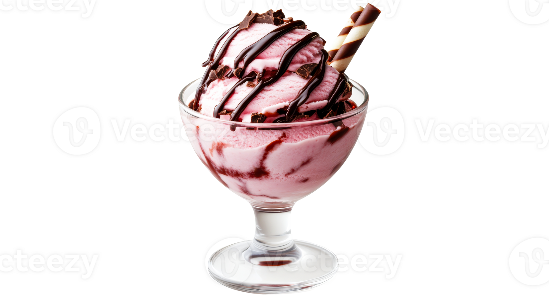 Strawberry ice cream sundae with chocolate, cut out transparent png
