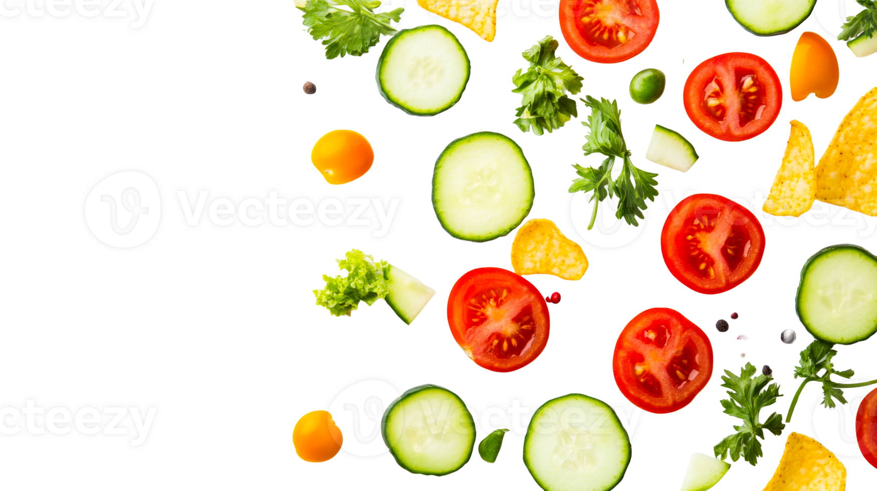 Fresh salad ingredients on a black background, cut out transparent png