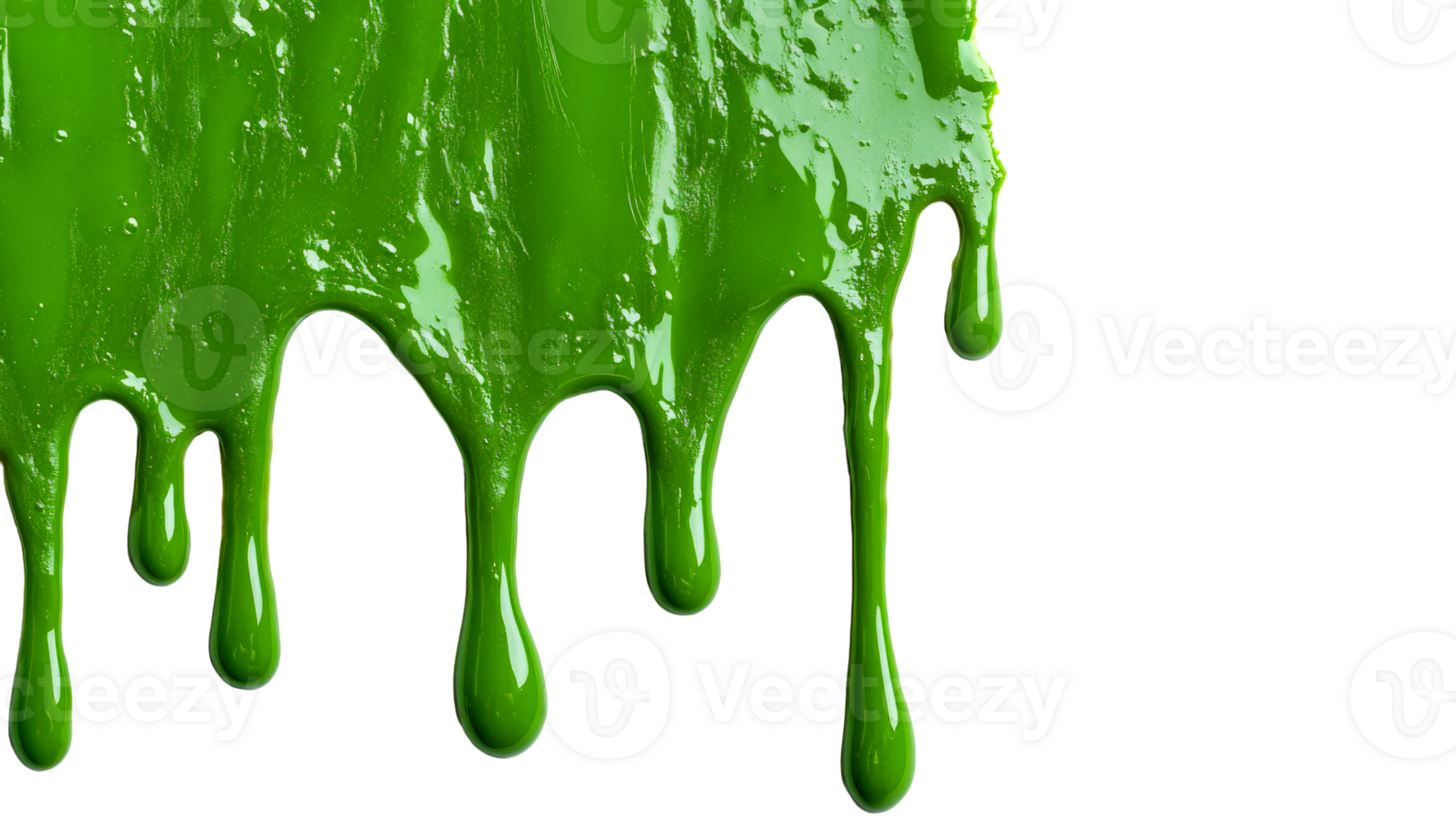 Dripping green slime goo, flowing down, wet, shiny and vibrant, cut out transparent png