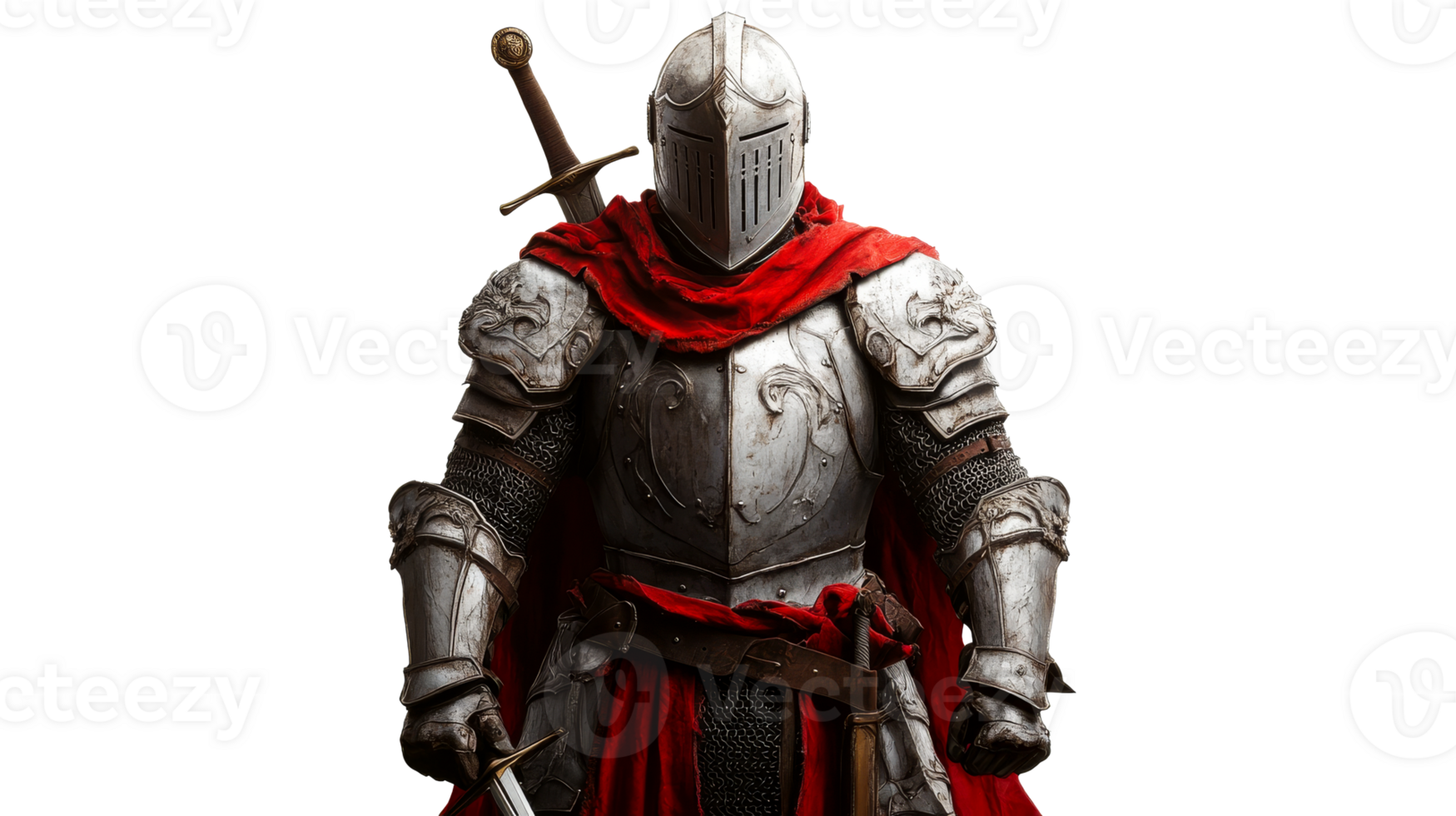 Medieval knight in shining armor with swords, epic, red cloak, cut out transparent png