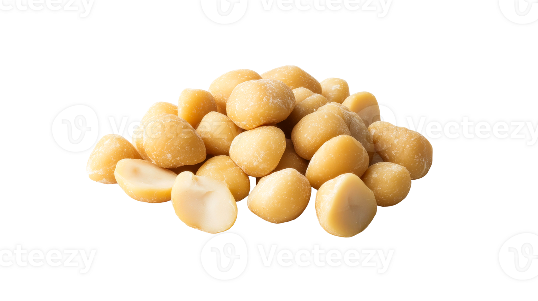 Macadamia nuts pile, whole and halved, on black background, cut out transparent png