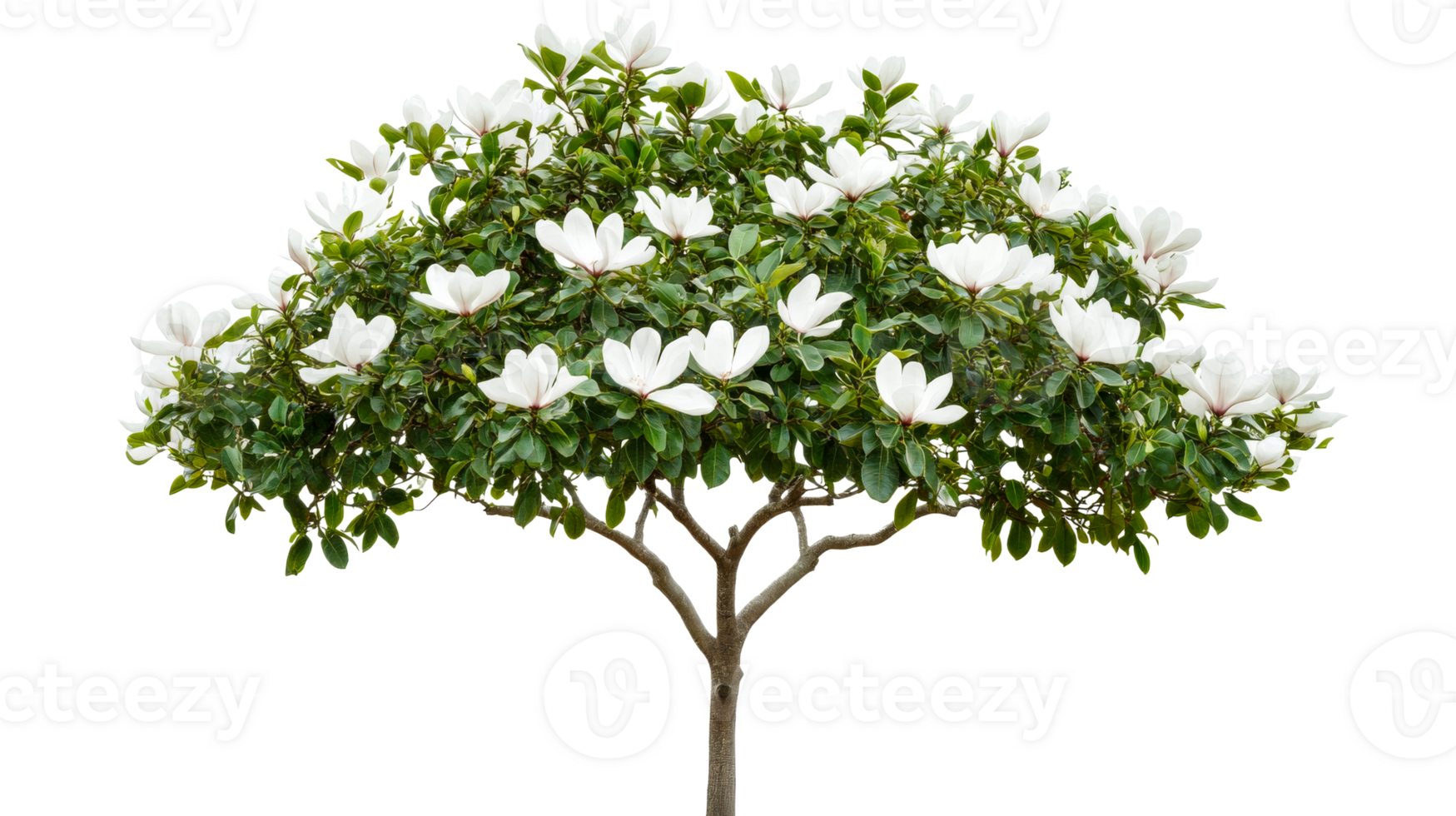 Blooming magnolia tree with white blossoms, evergreen foliage, cut out transparent png
