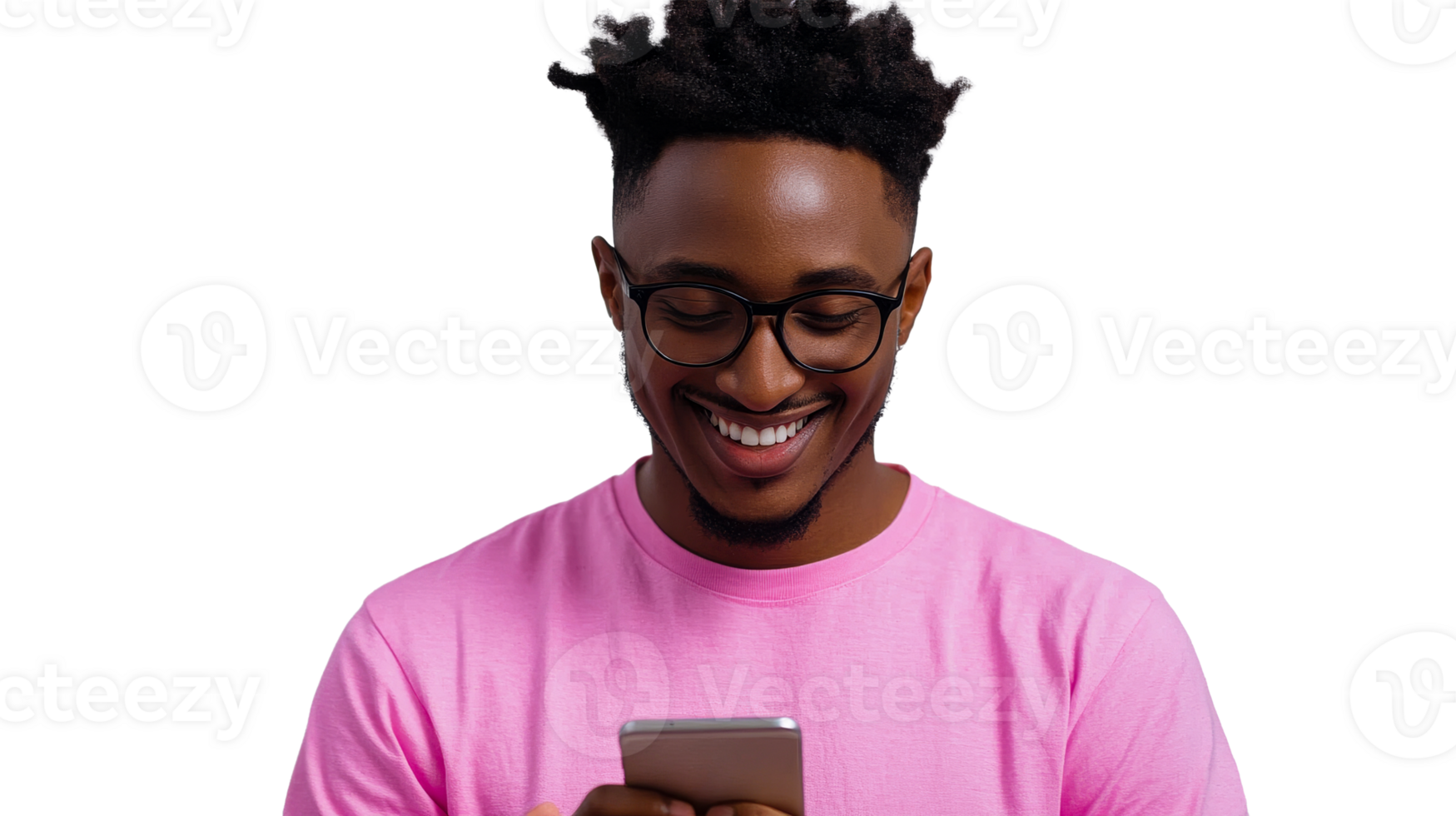 Smiling man uses smartphone, black hair, pink shirt, cut out transparent png
