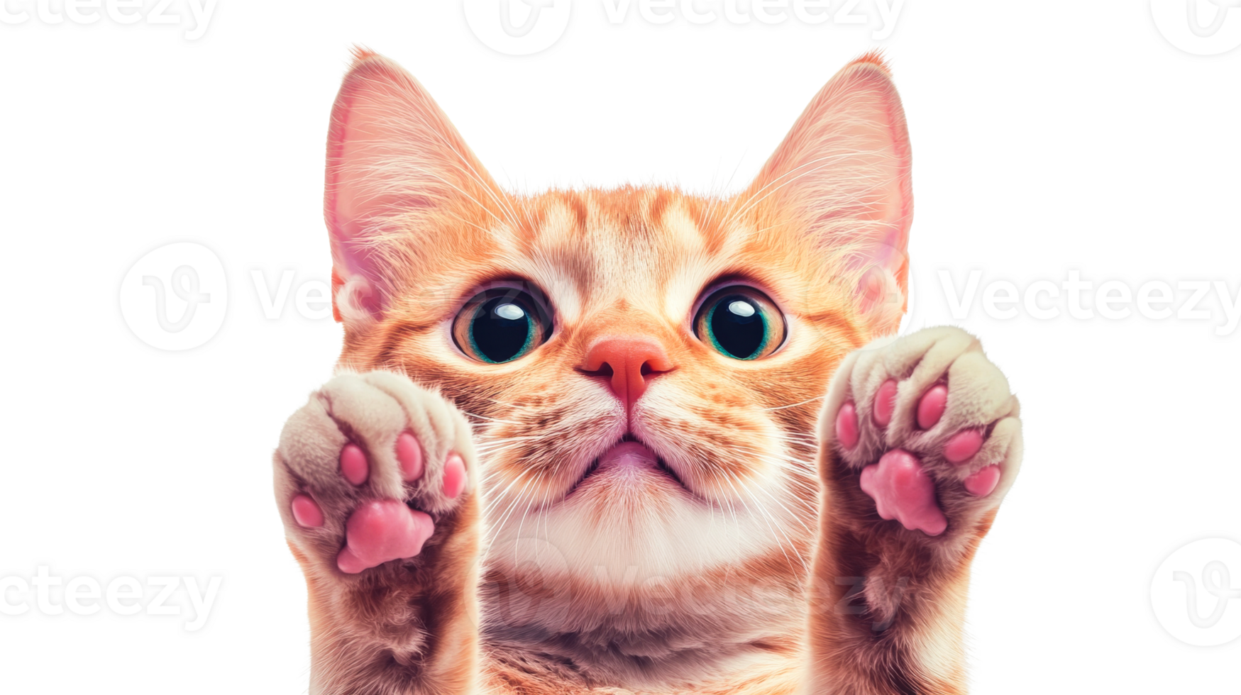 Cute tabby cat with paws up looking at the camera, cut out transparent png