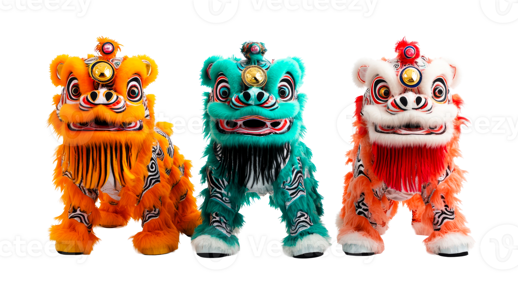 Colorful Lunar New Year lion dance costumes on black, cut out transparent png