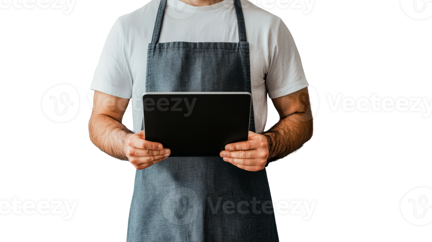 Man in apron holding digital tablet, isolated on black, cut out transparent png