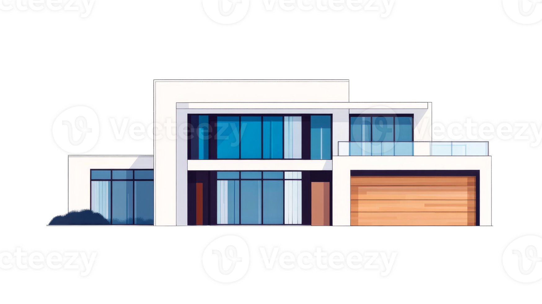 Modern minimalist house design with large windows, flat roof, cut out transparent png