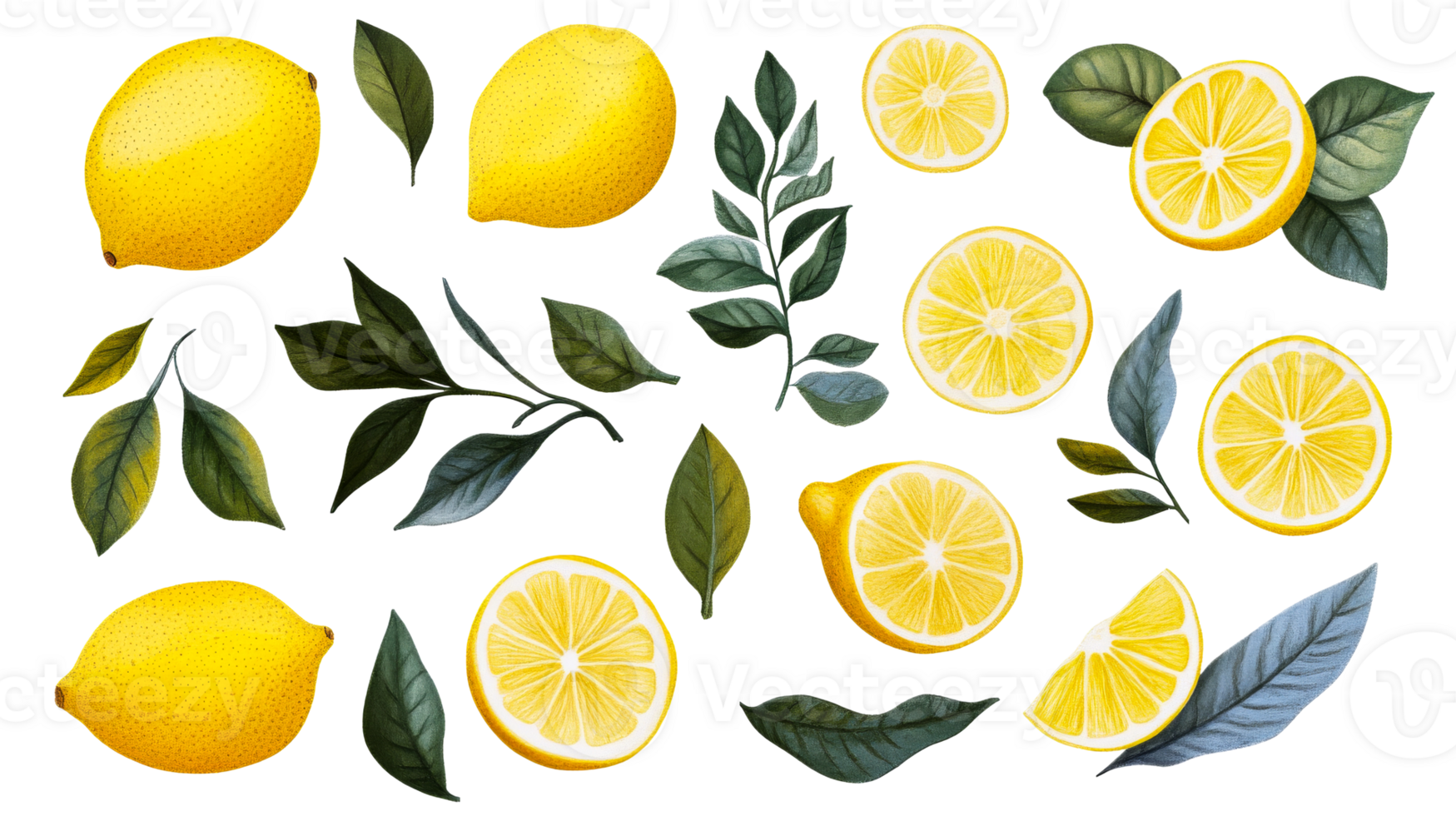Lemons composition with slices, whole lemons, leaves, branches, cut out transparent png