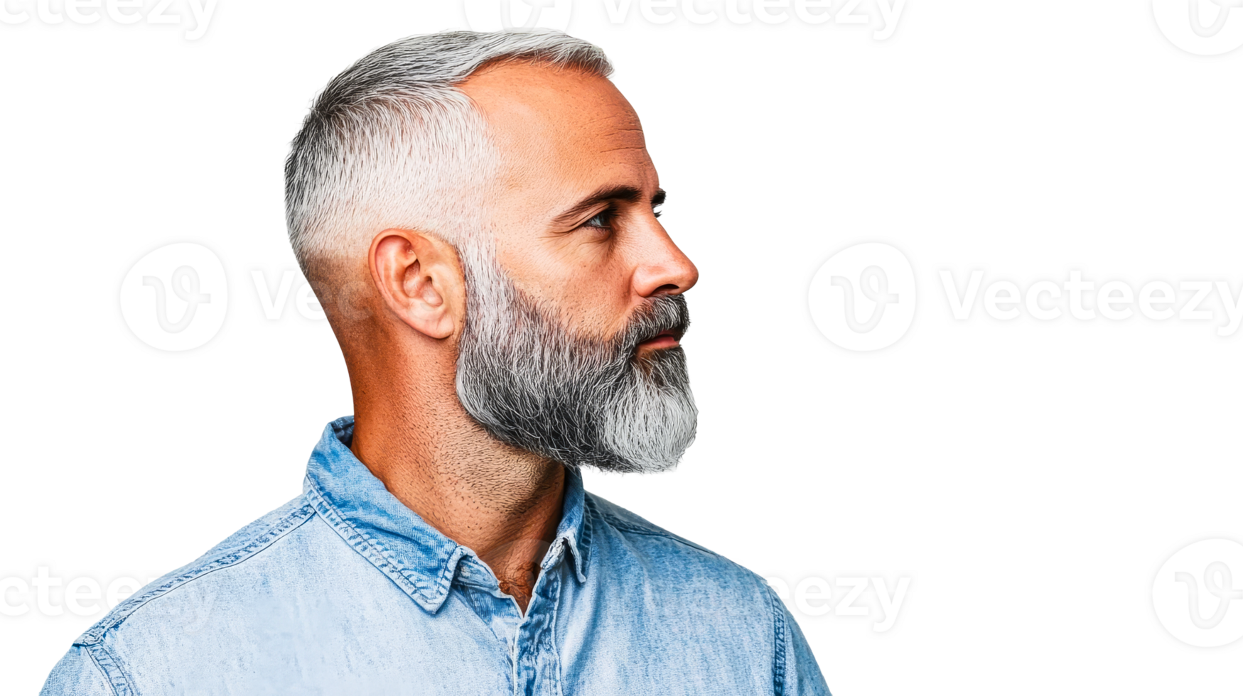 Mature man with a gray beard in denim shirt, cut out transparent png