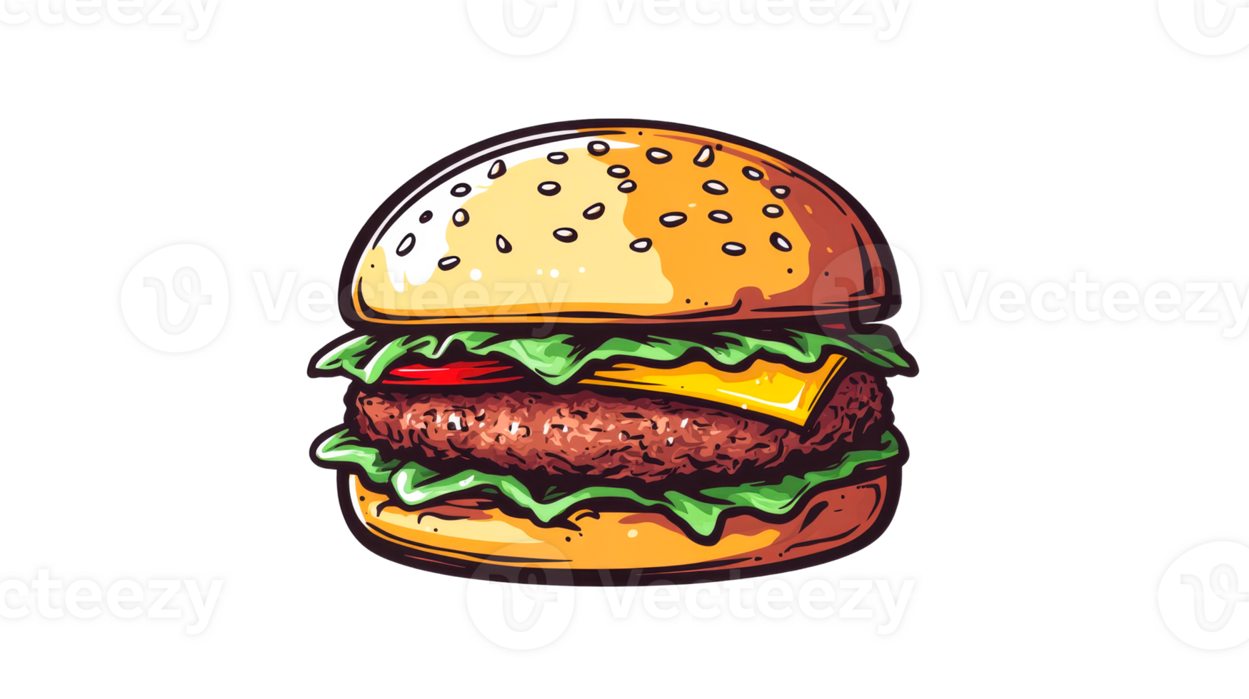 Delicious burger with sesame bun, cheese, tomato, lettuce, cut out transparent png
