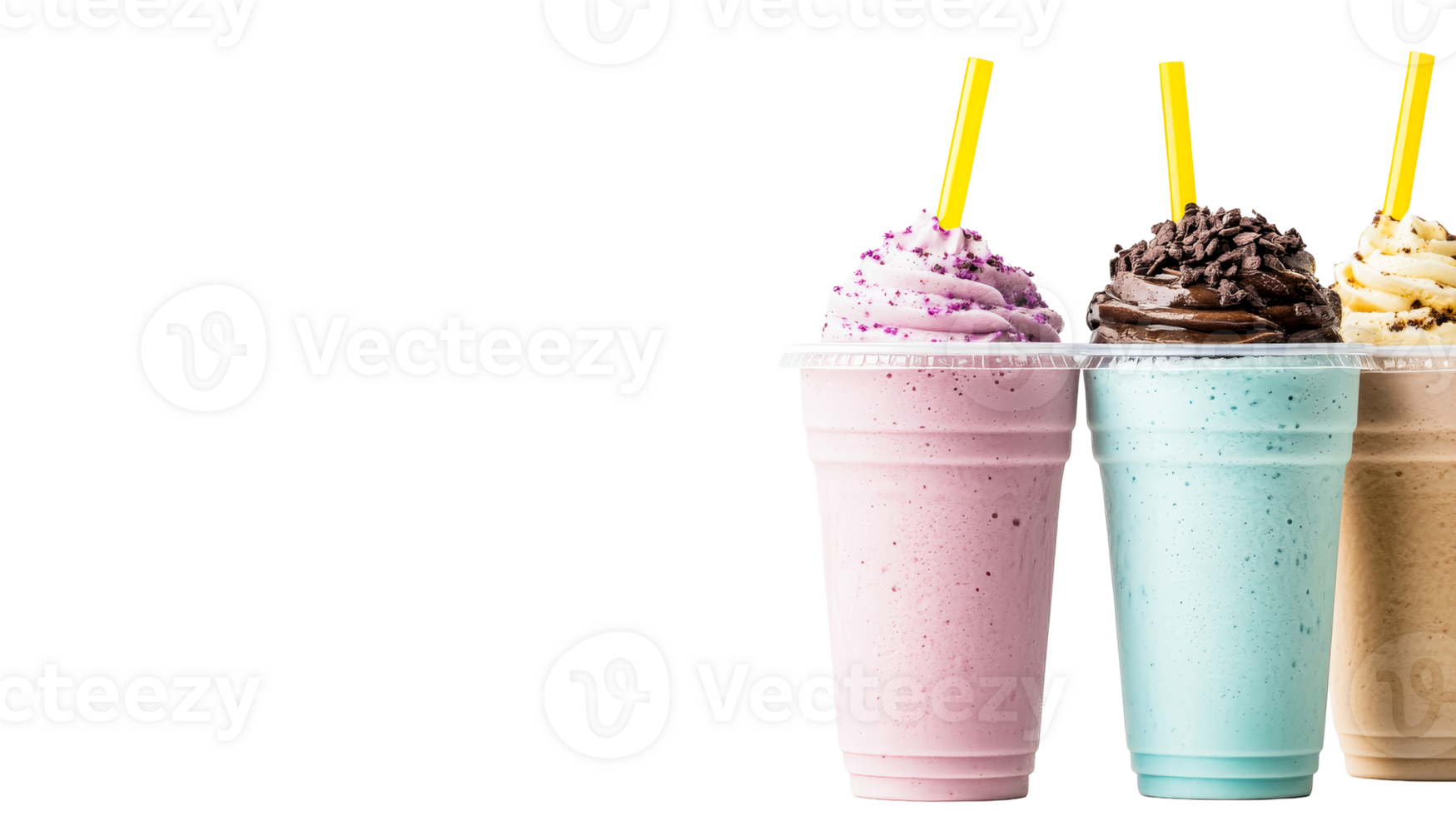 Colorful milkshakes with toppings, drinks for dessert, cut out transparent png