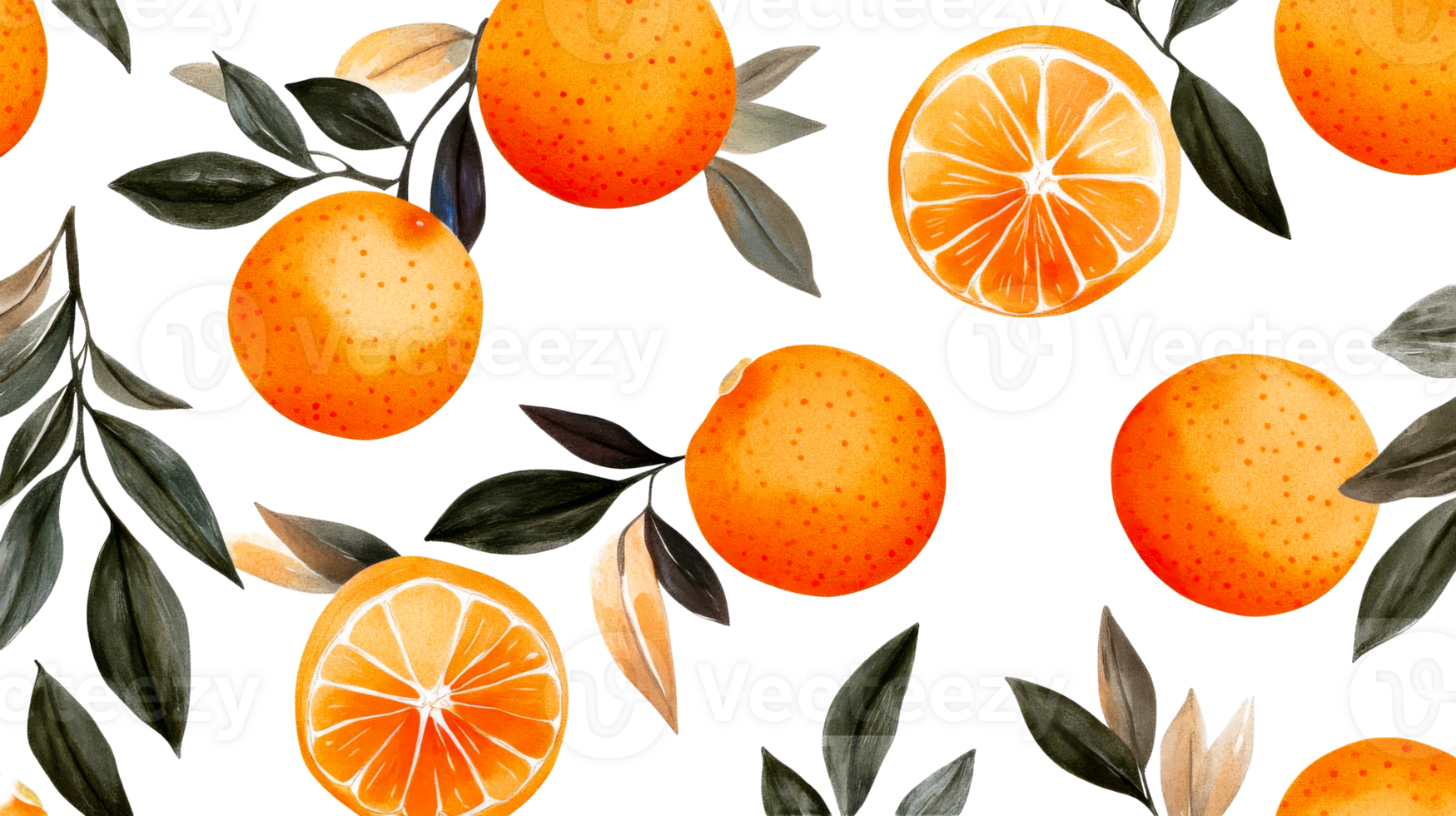 Oranges and leaves seamless pattern, vibrant, fruit, watercolor, black background, cut out transparent png