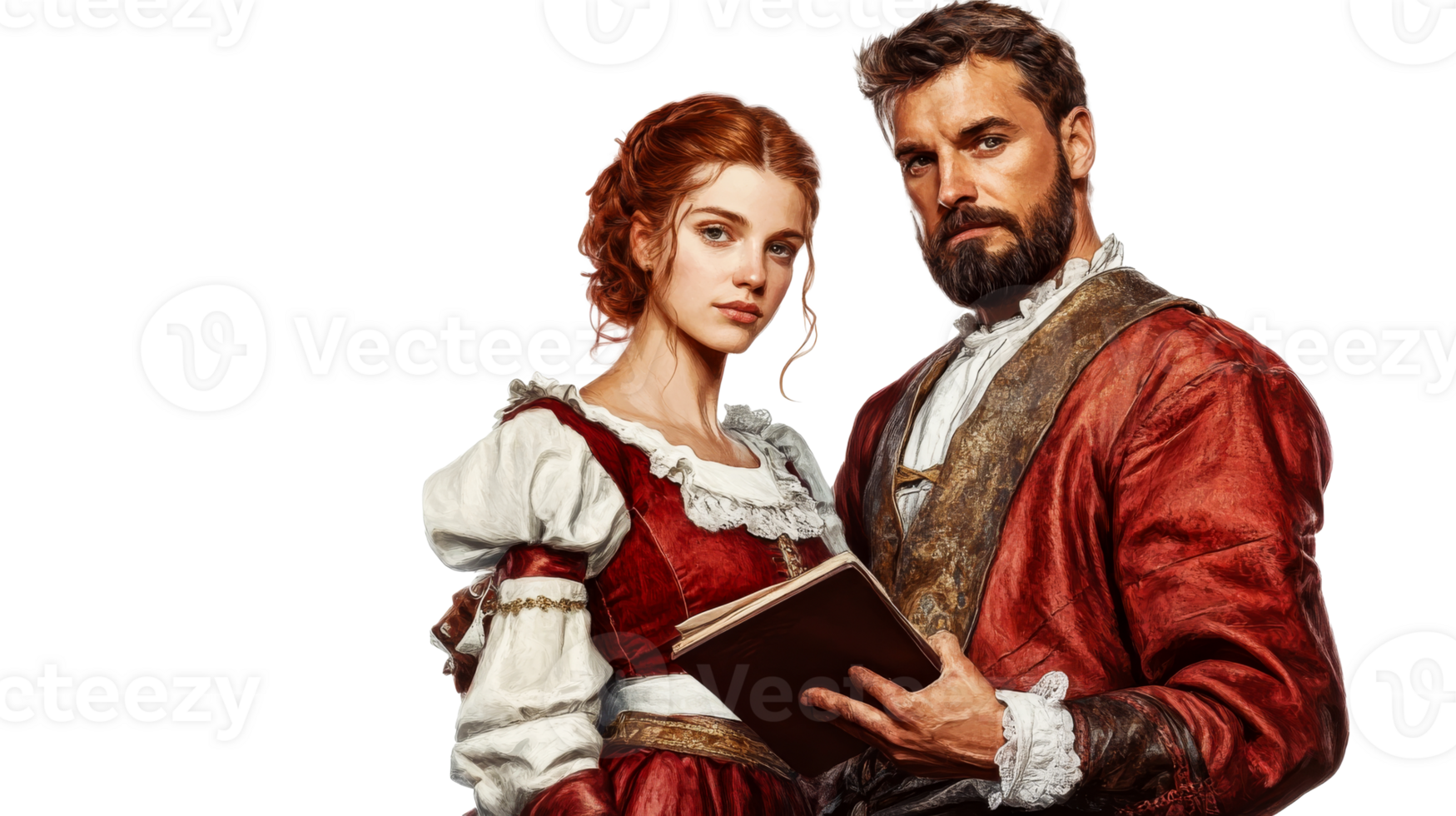 Elegant couple in vintage attire with book, cut out transparent png