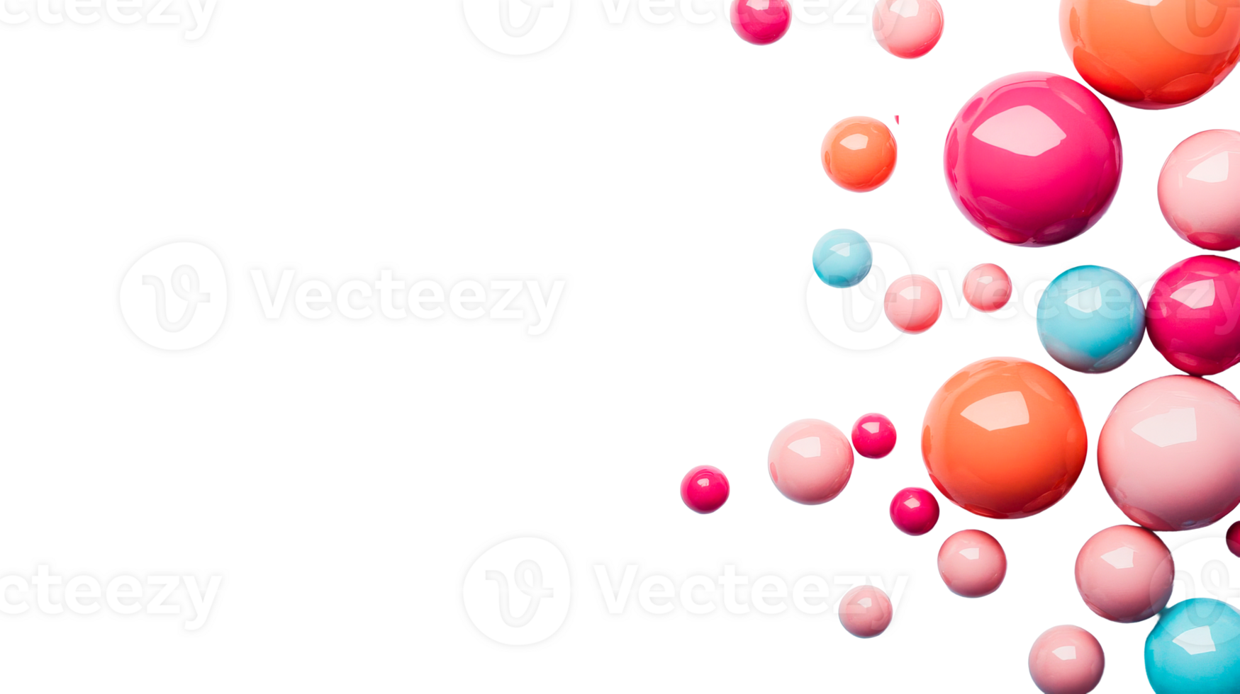 Glossy colorful spheres in the right part on black background, cut out transparent png