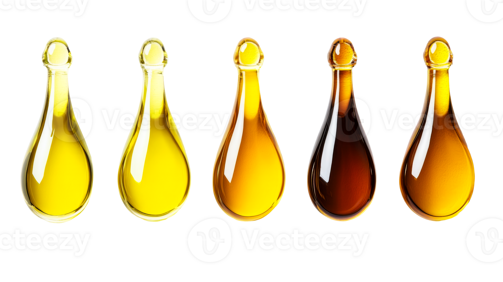 Liquid drops with gradient of hues, isolated on black background, cut out transparent png