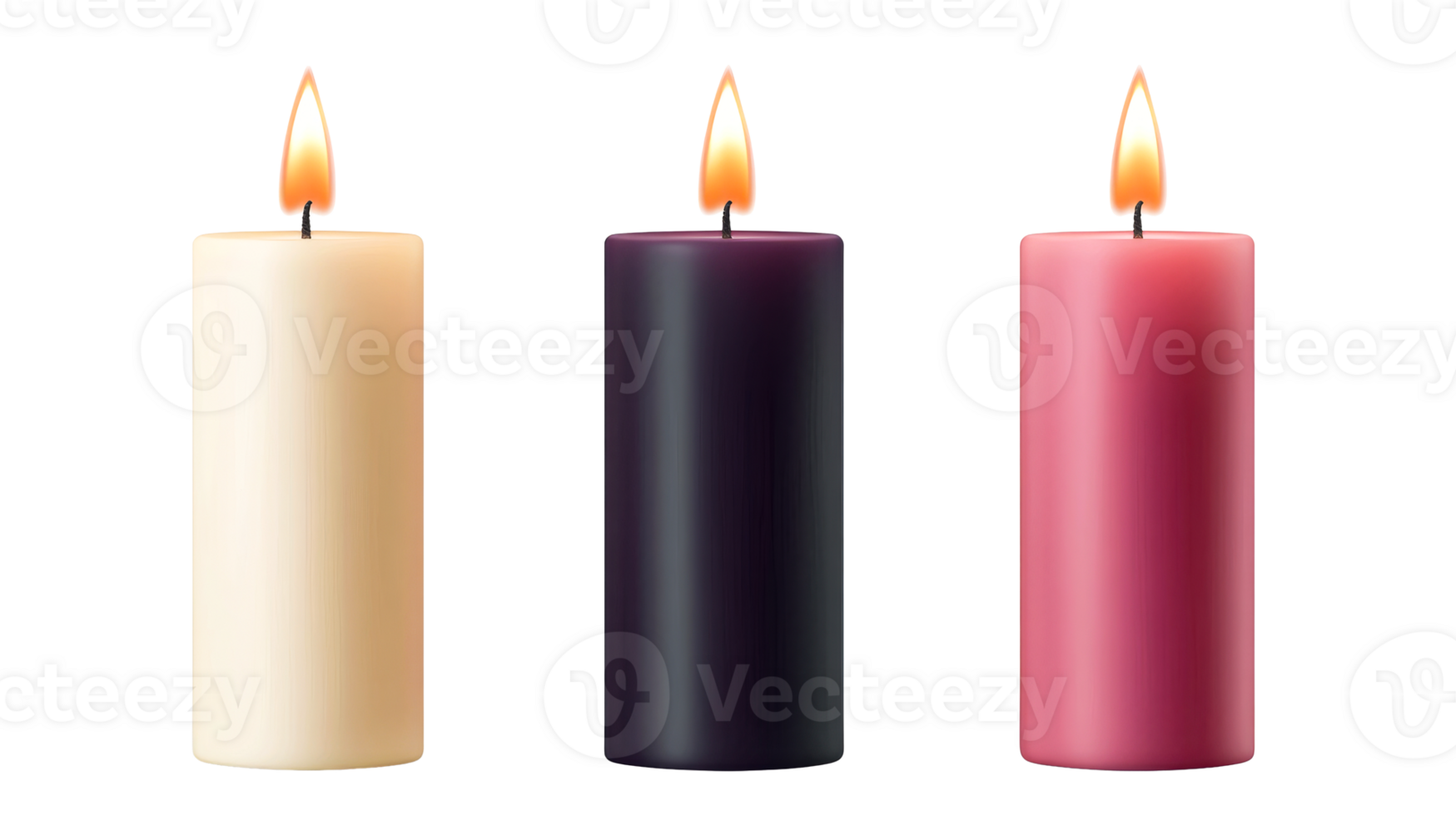 Three candles of cream, black, pink color with flame, cut out transparent png