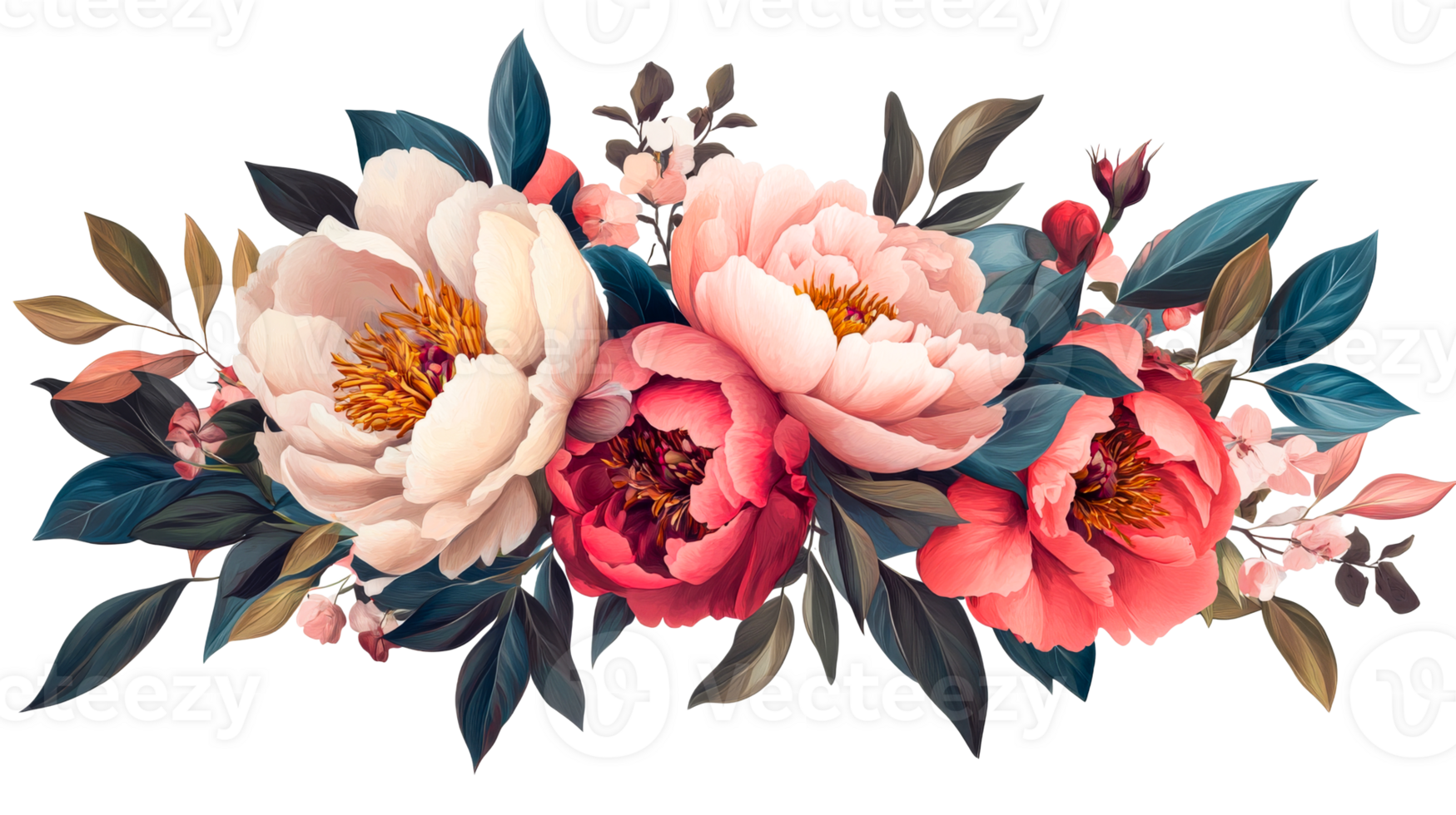 Floral arrangement of peonies, botanical art, beautiful bouquet, cut out transparent png