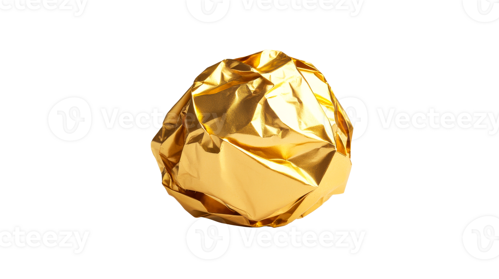 Gold wrapper paper sphere, isolated on black background, cut out transparent png