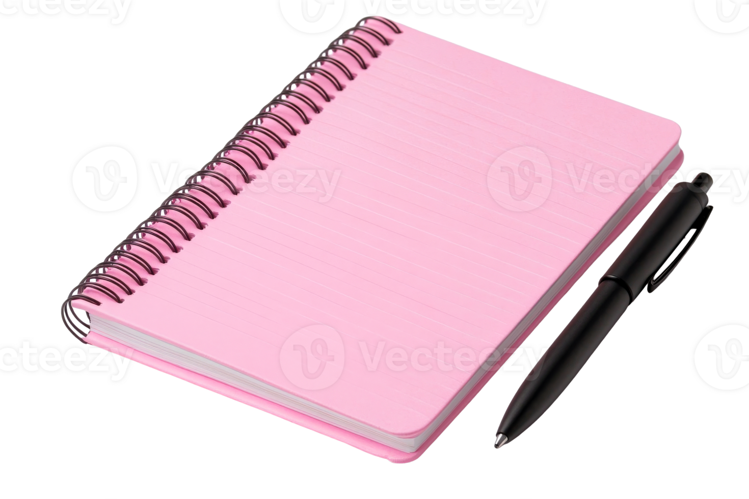Pink notebook with black pen on black background, cut out transparent png