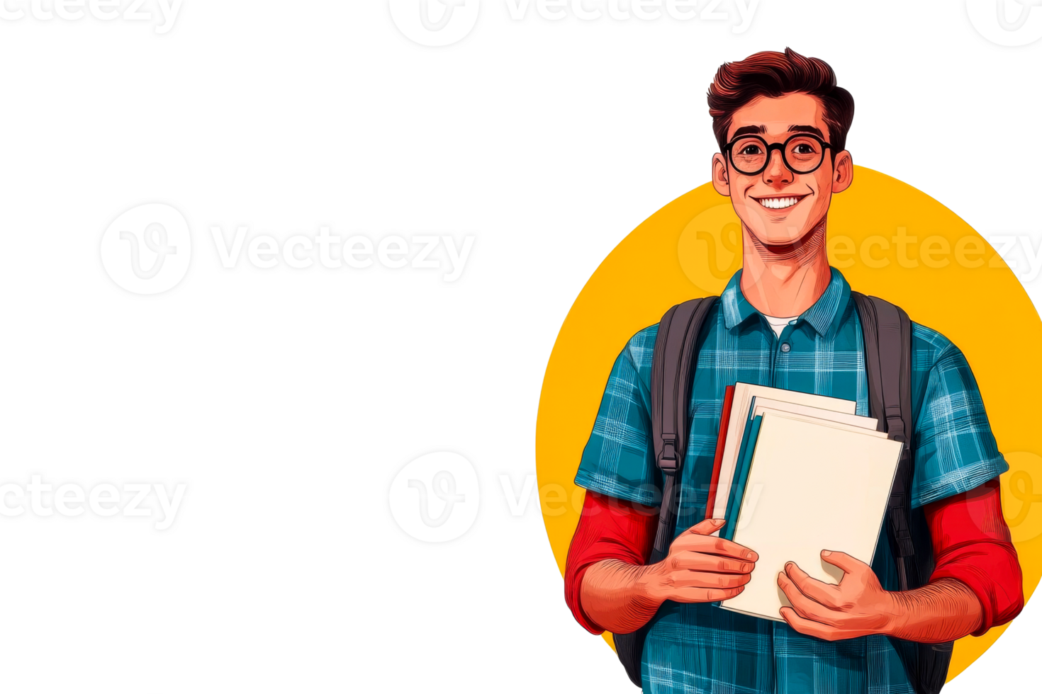 Young student holding books, ready to learn, positive illustration, cut out transparent png