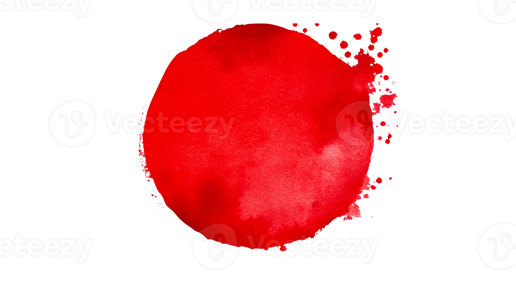 Bright red watercolor circle with splatters on black background, cut out transparent png