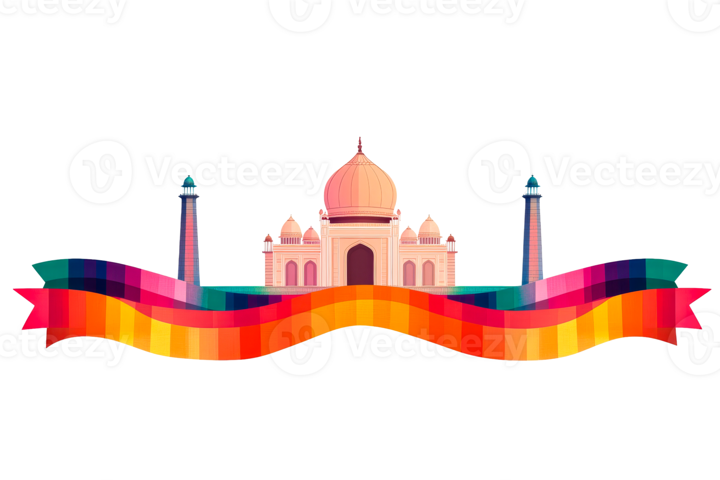 Eastern architecture with towers and a ribbon in bright colors, cut out transparent png