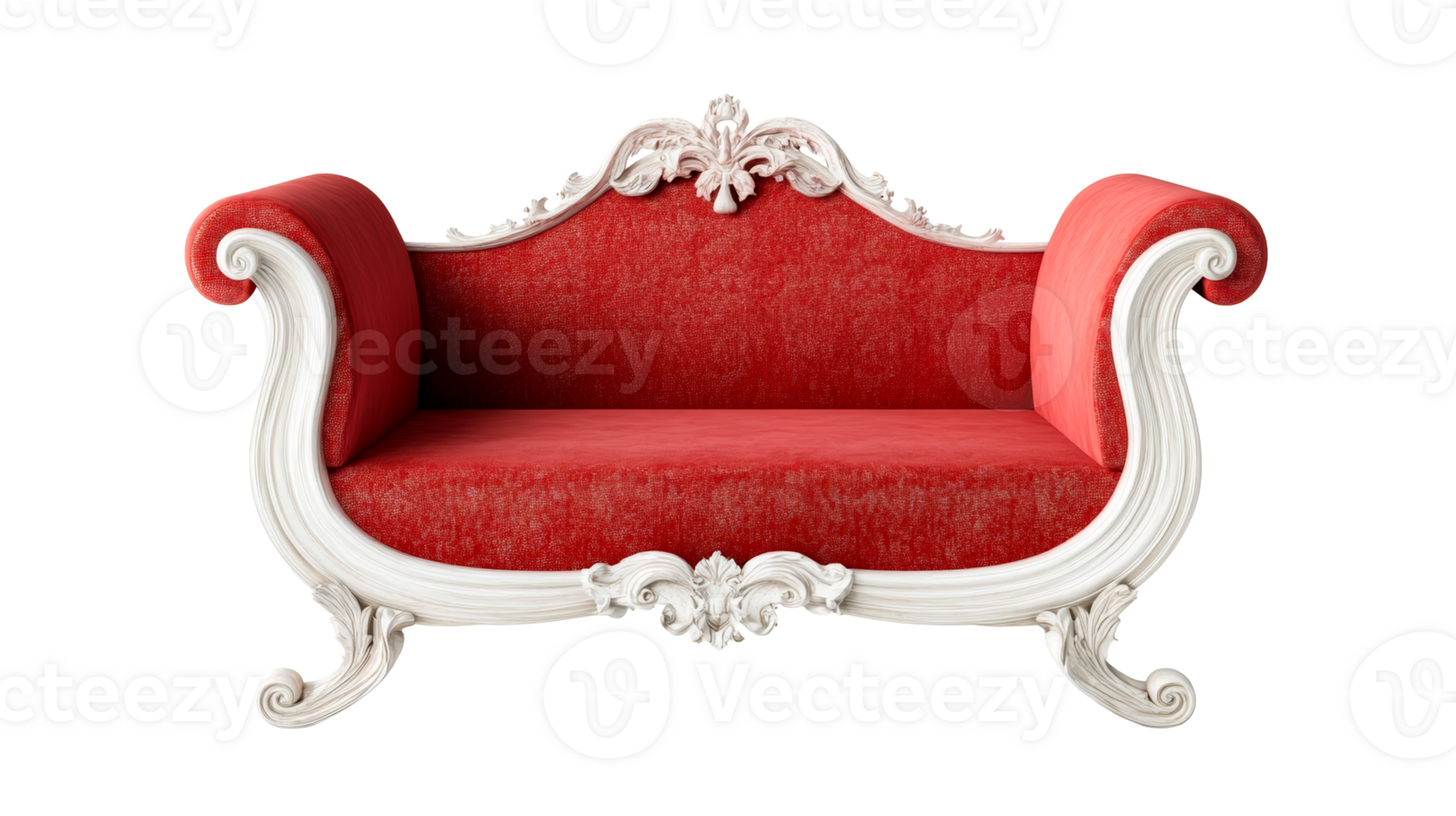 Red vintage sofa with white carved frame on black background, cut out transparent png