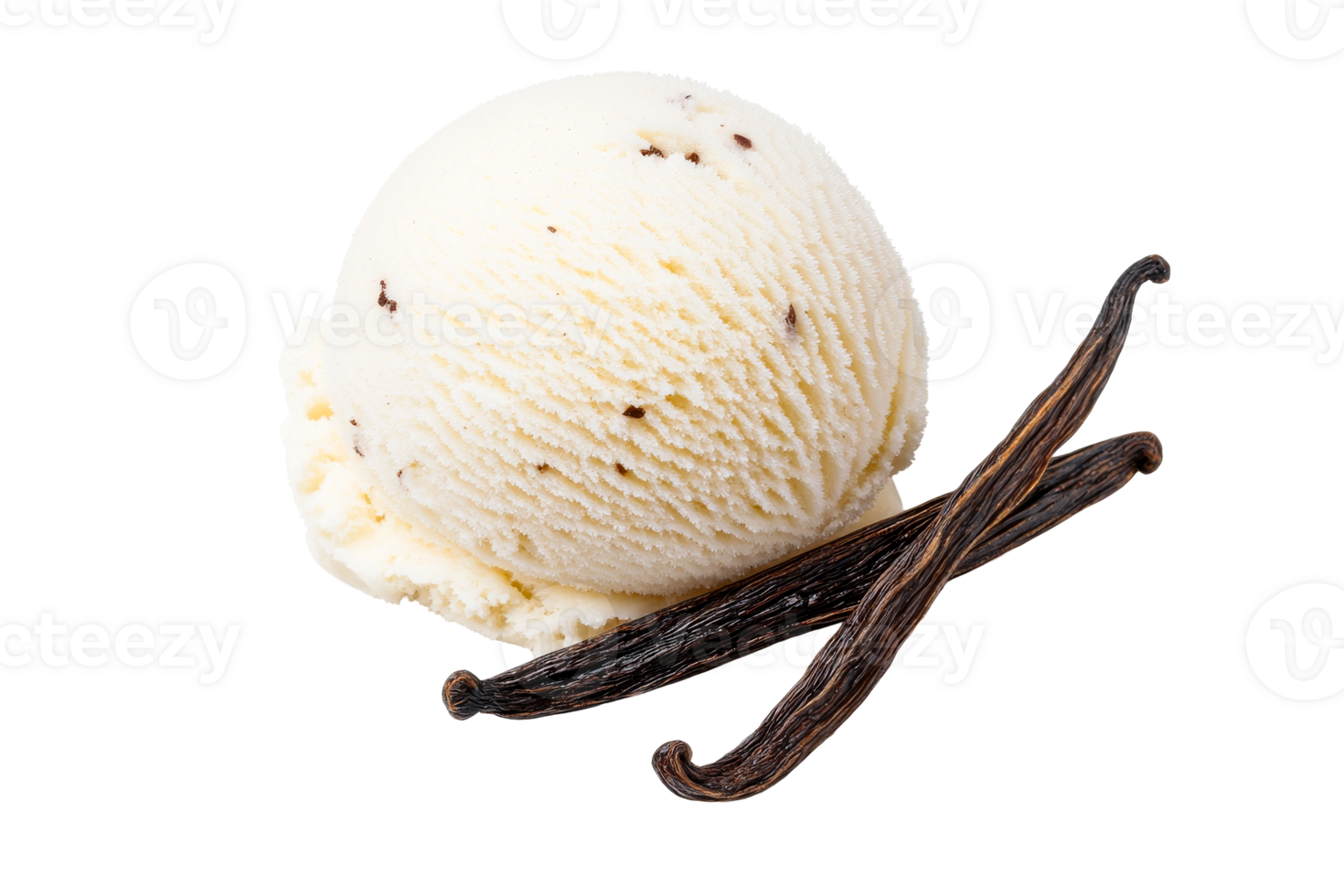 Vanilla ice cream scoop with bean pods, delectable dessert, cut out transparent png