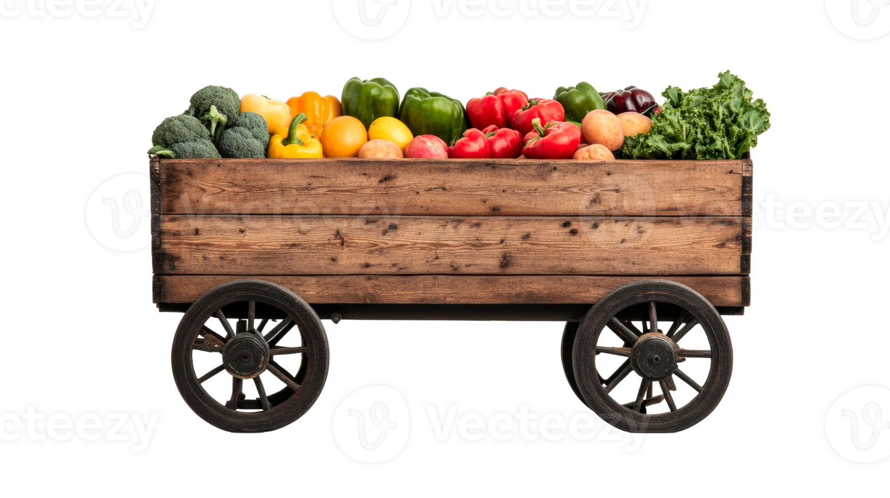 Wooden cart filled with fresh colorful vegetables, cut out transparent png