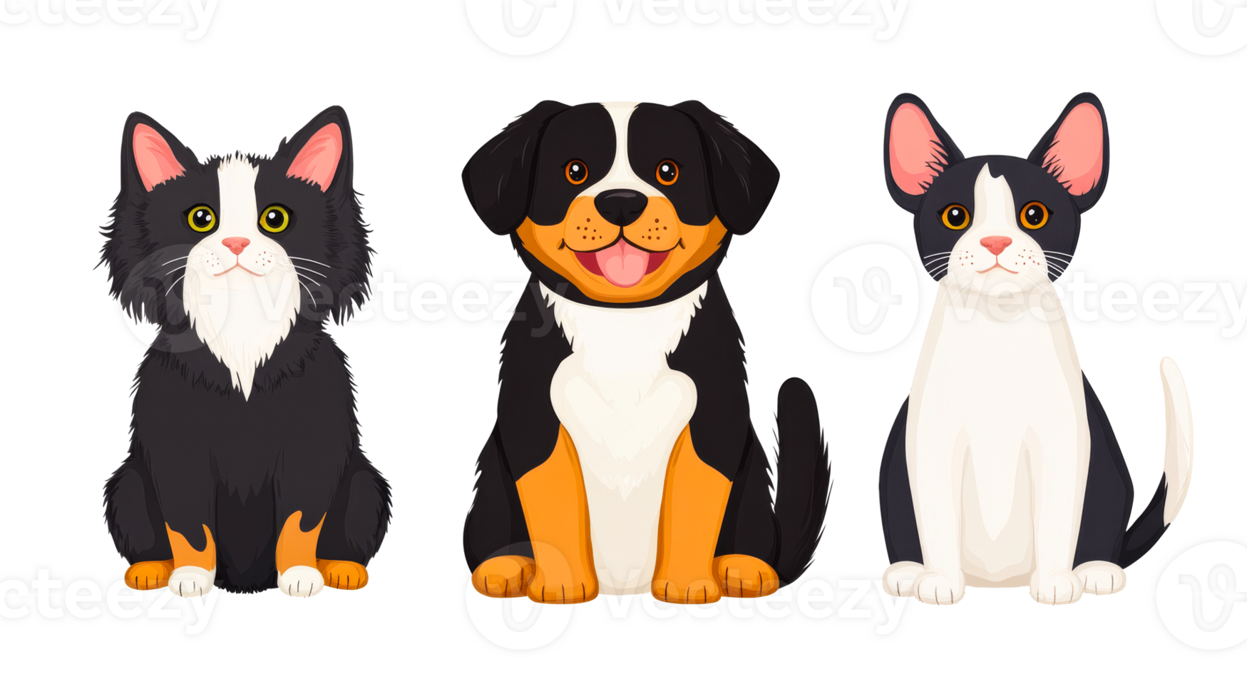 Two cats and a dog sit side by side , cut out transparent png