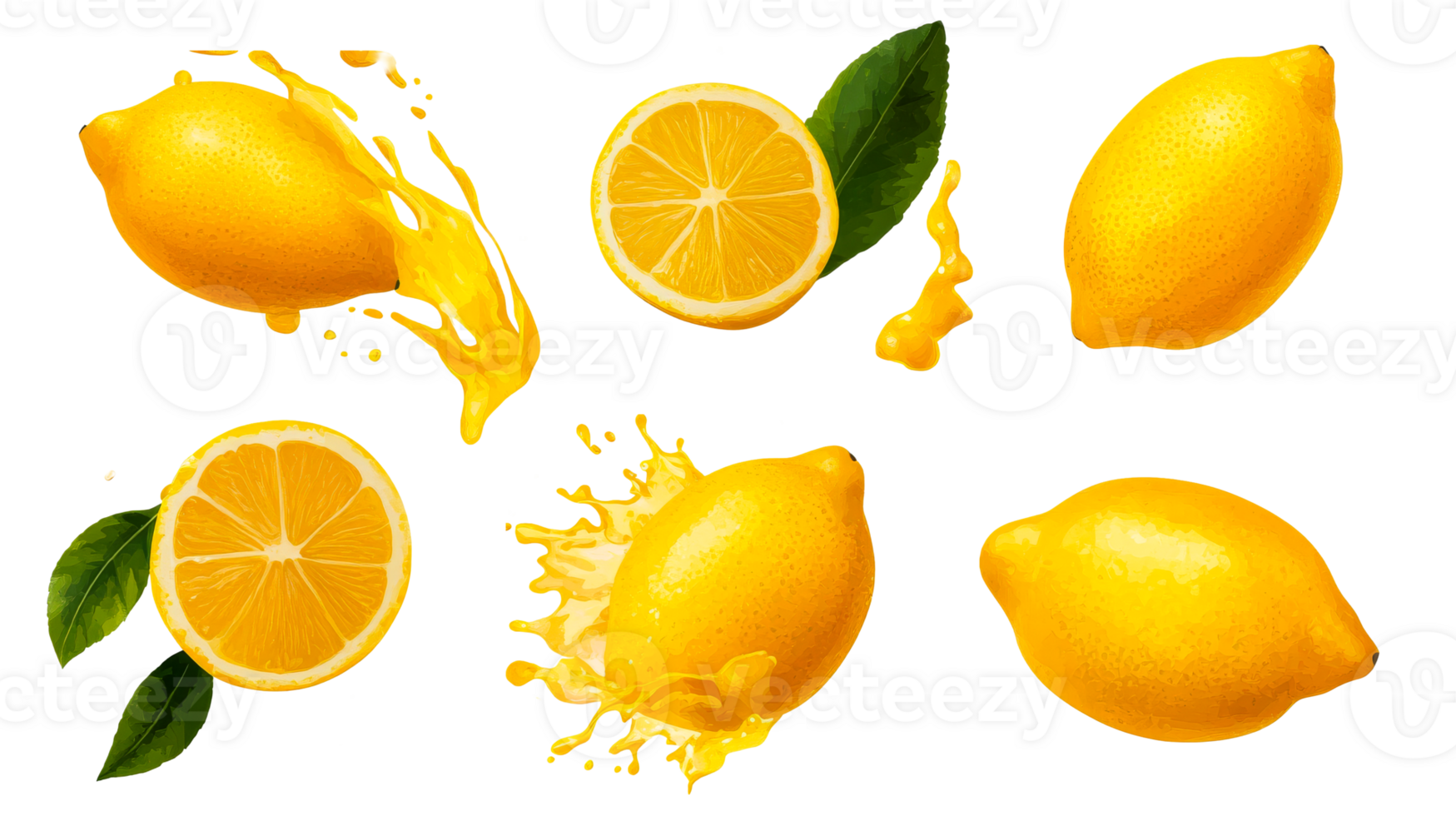 Lemons variety, juice splash, food illustration, citrus fruits, cut out transparent png
