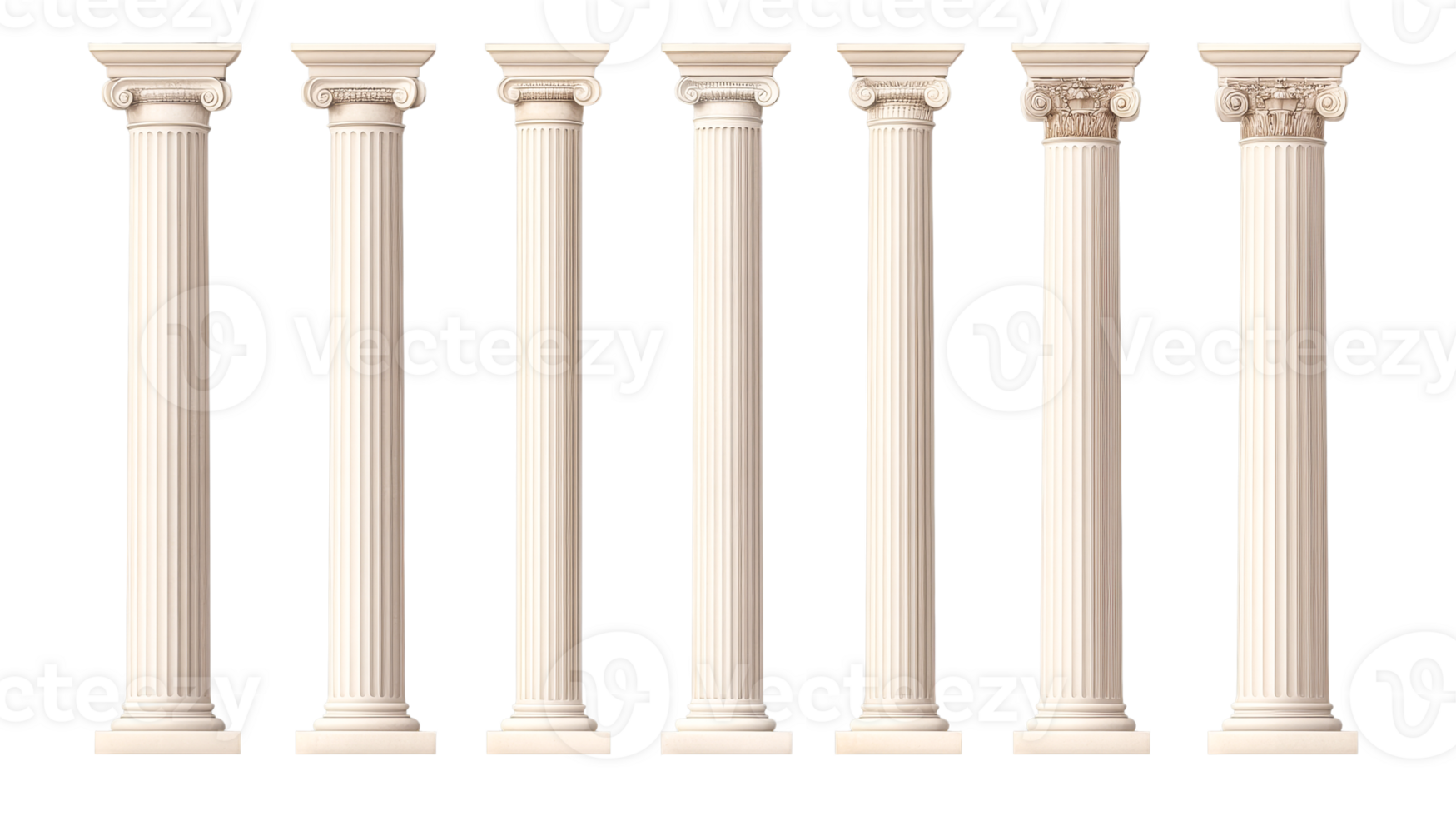 Ancient columns row on black background art, cut out transparent png