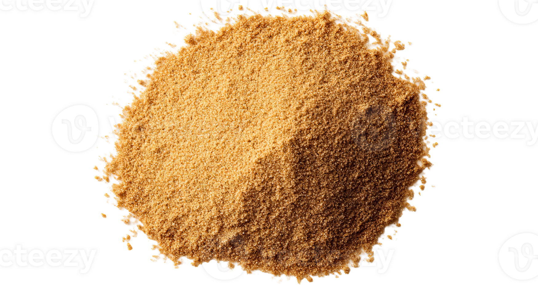 Mound of brown sugar from above isolated on black background, cut out transparent png
