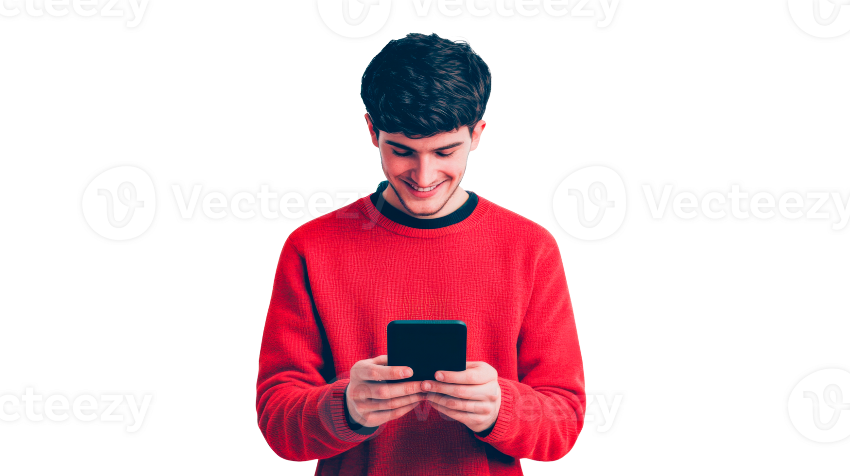 Guy with cell phone in hand, looking, with a smile, cut out transparent png