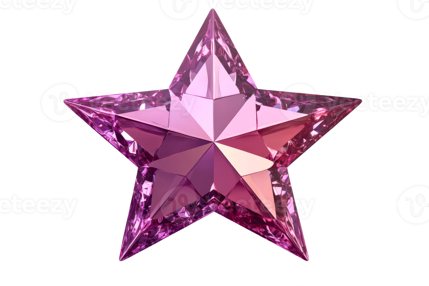 Pink crystal star with reflective facets, transparent background, cut out transparent png