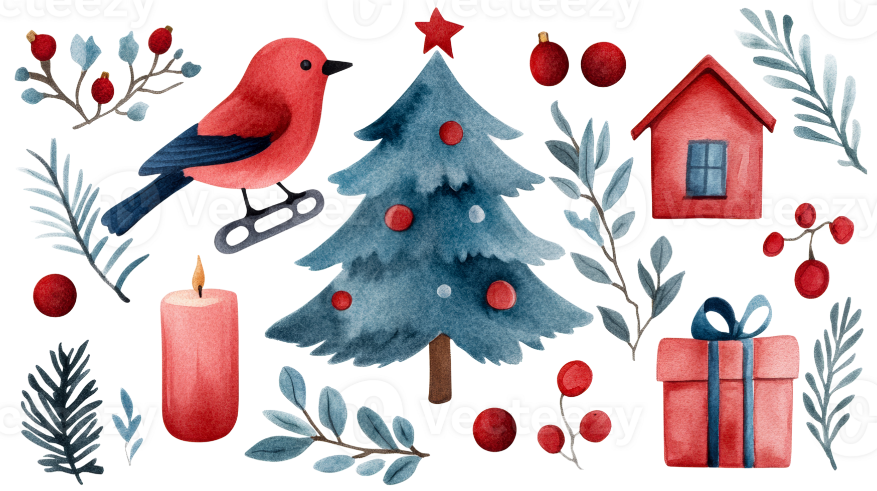 Watercolor Christmas Ornaments Decorations, Winter Elements, cut out transparent png