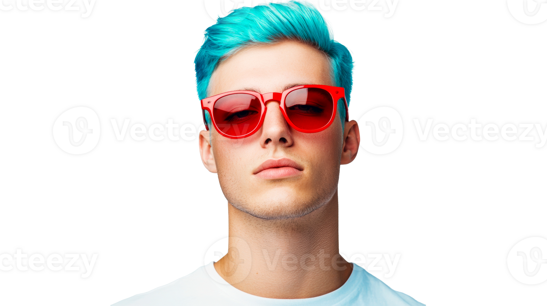 Young man with blue hair and red sunglasses stares intensely, cut out transparent png