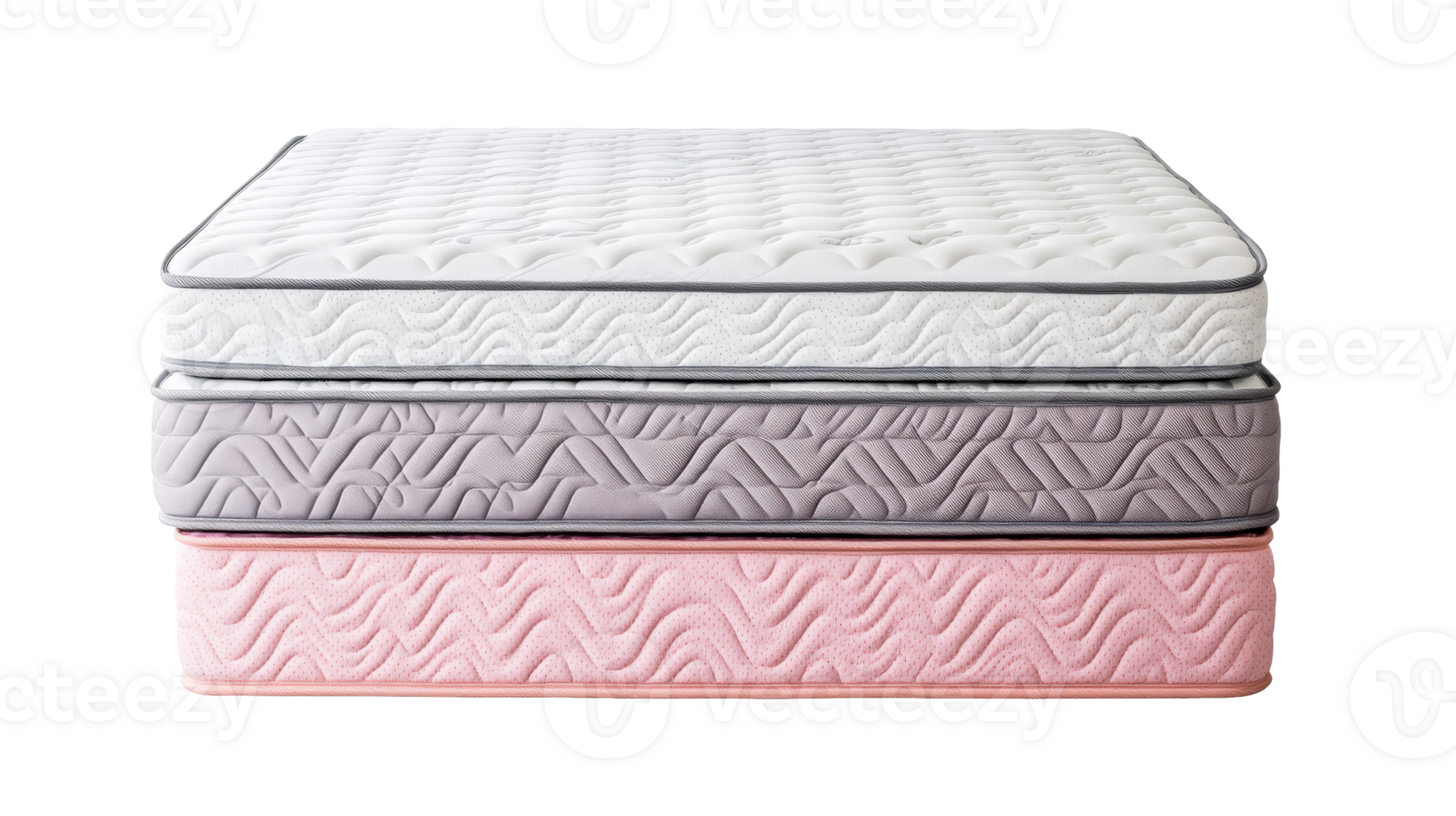 Stacked mattresses in white, grey, and pink, bedding comfort, cut out transparent png