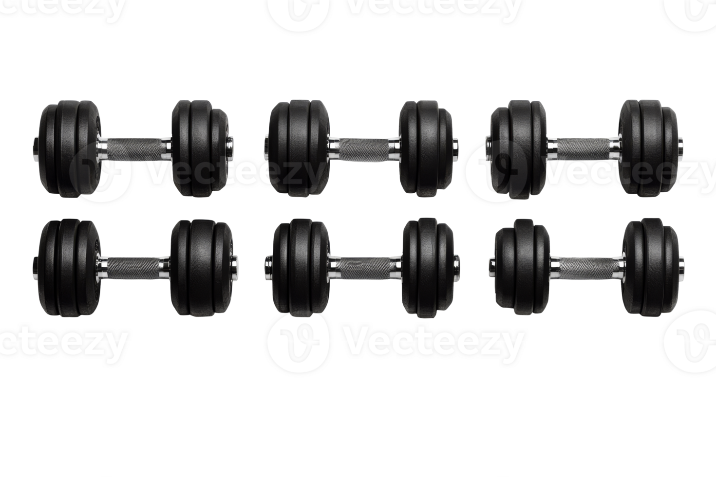 Dumbbells arrangement in two rows, fitness equipment, weights, cut out transparent png