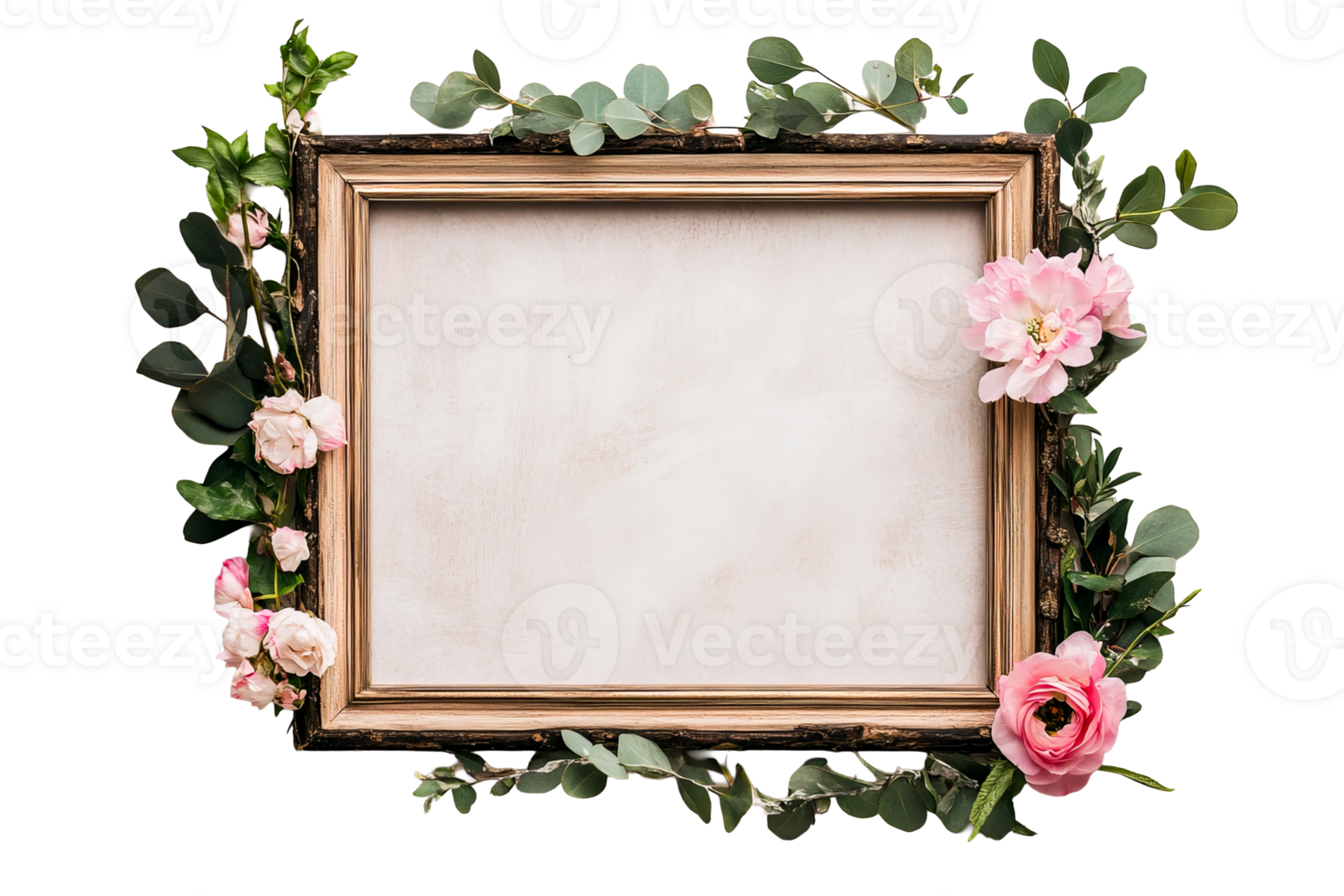 Wooden frame with pink flowers and eucalyptus, blank background, cut out transparent png
