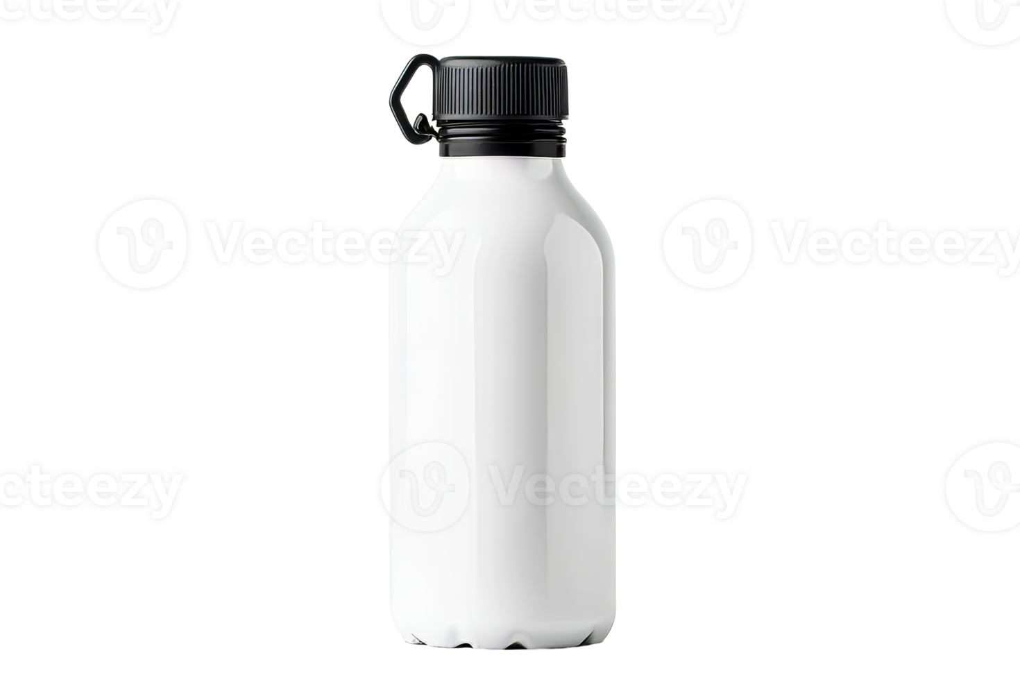 Shiny white bottle with black cap, beverage container, cut out transparent png