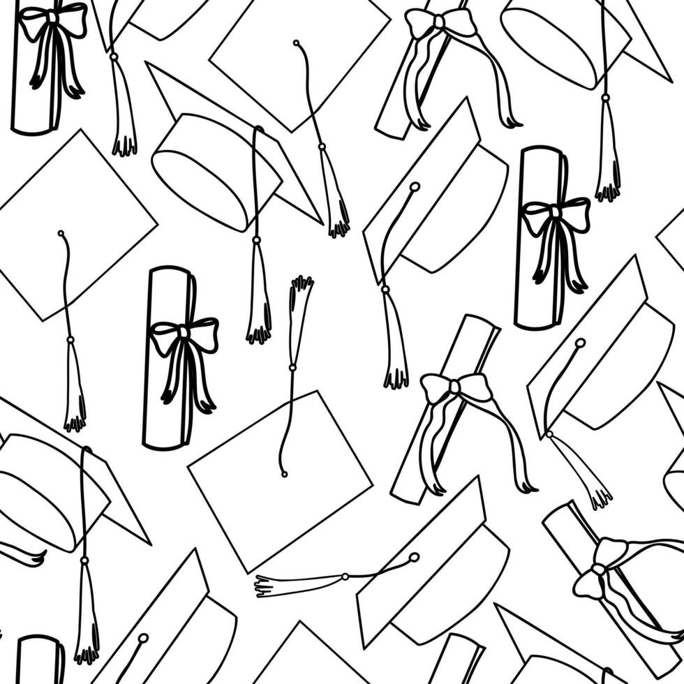 Graduation caps thrown in the air outline seamless pattern. vector