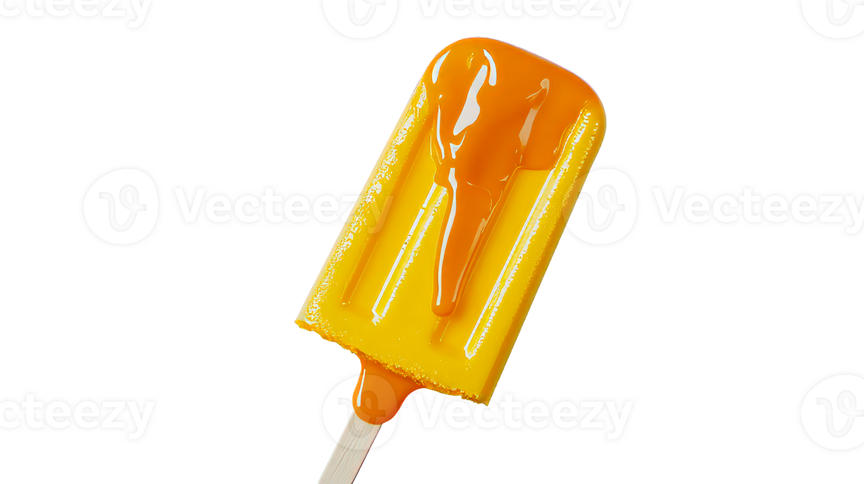 Yellow popsicle glazed with orange sauce, summer dessert treat, cut out transparent png