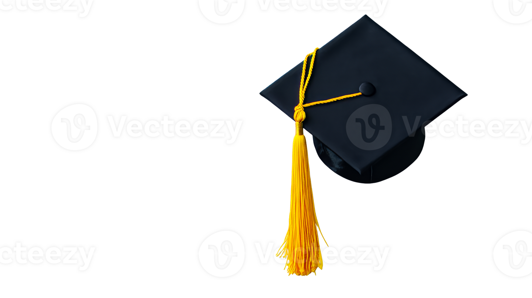 Graduation cap with yellow tassel on black background, cut out transparent png