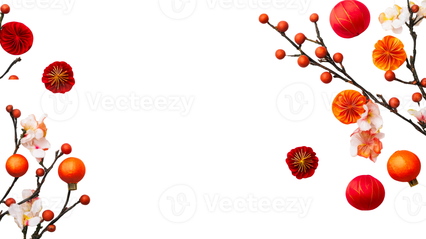 Lunar New Year decorations on a black background, cut out transparent png