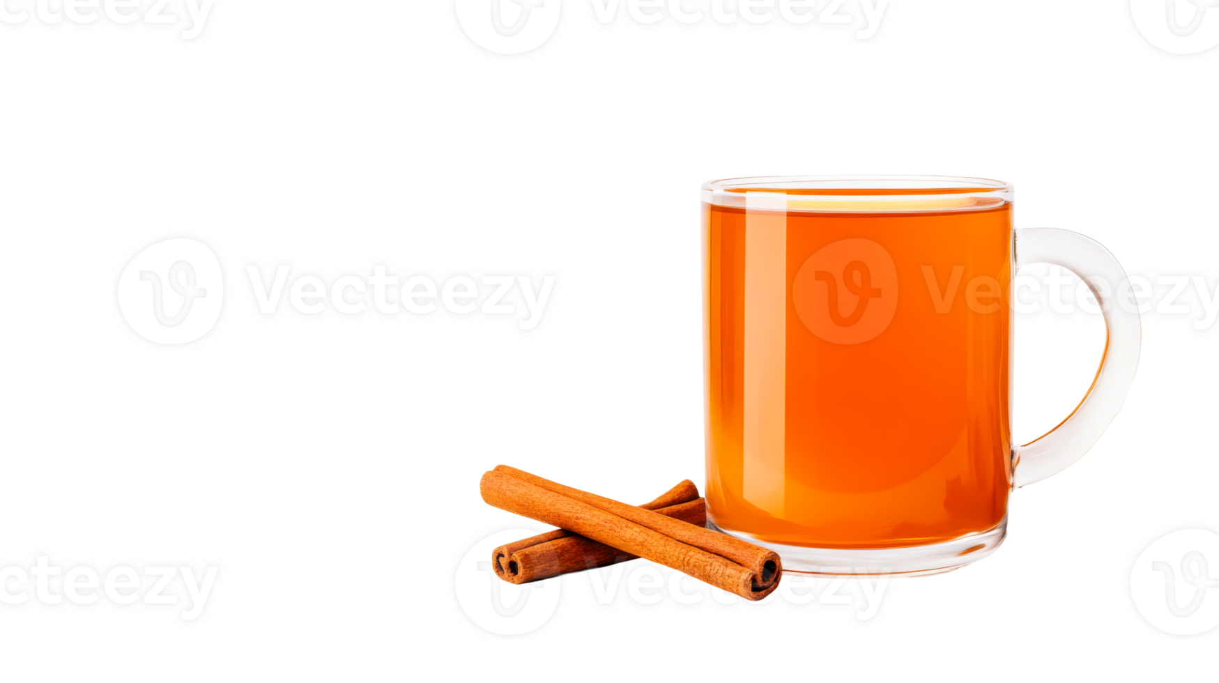 Mug with orange tea and cinnamon sticks next to it , cut out transparent png