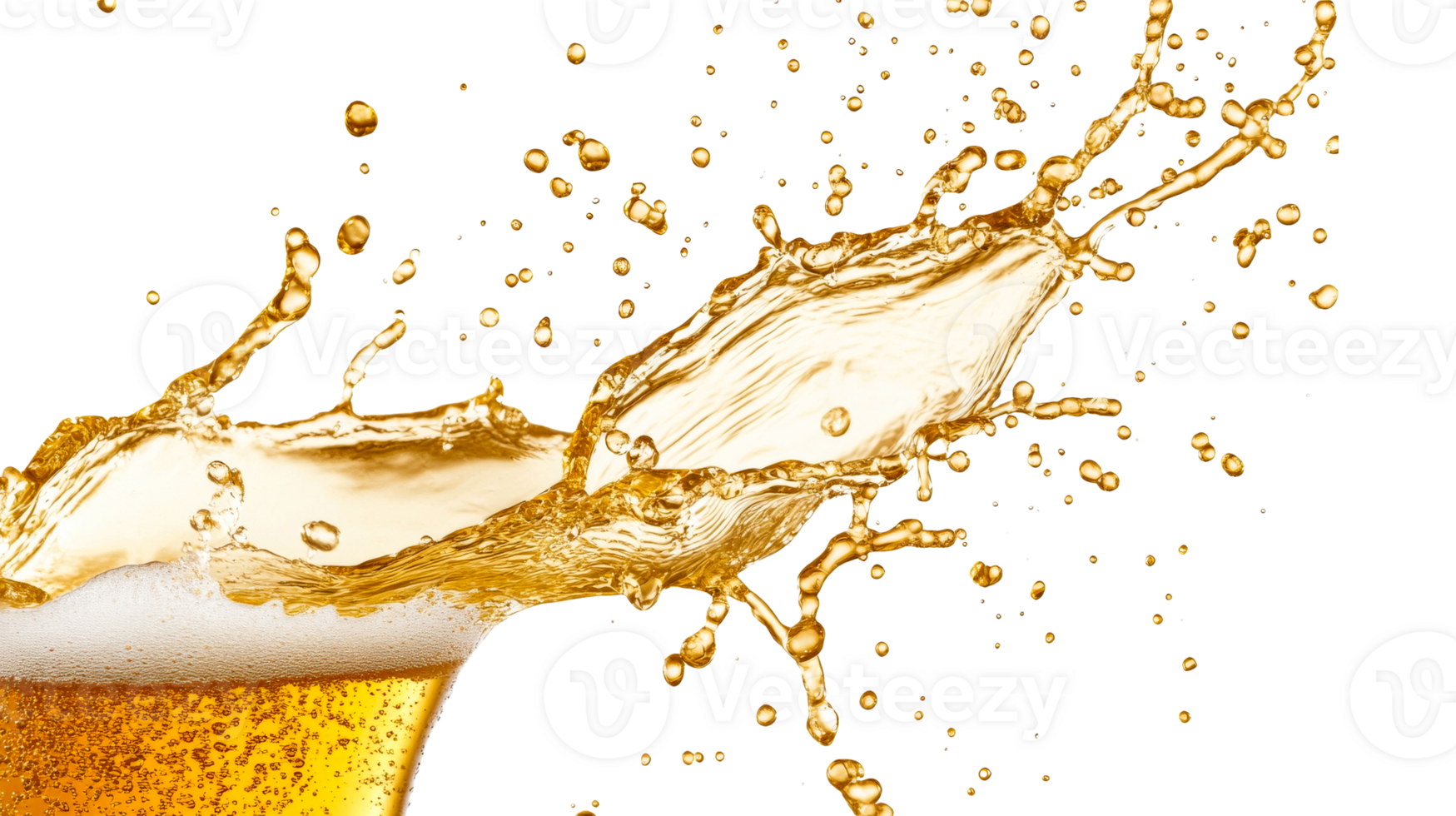 Splashing liquid gold, drink splash, spray droplets, light bubbles, cut out transparent png