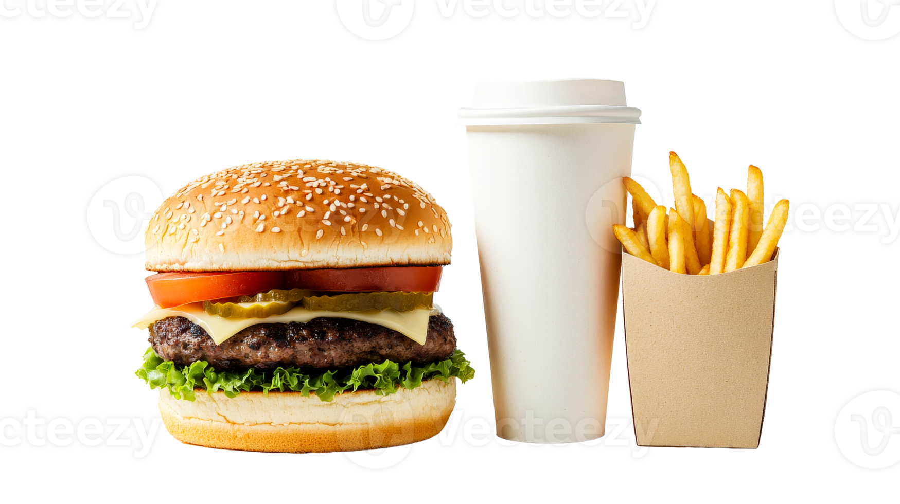 Fresh burger, white cup and fries on black background, cut out transparent png
