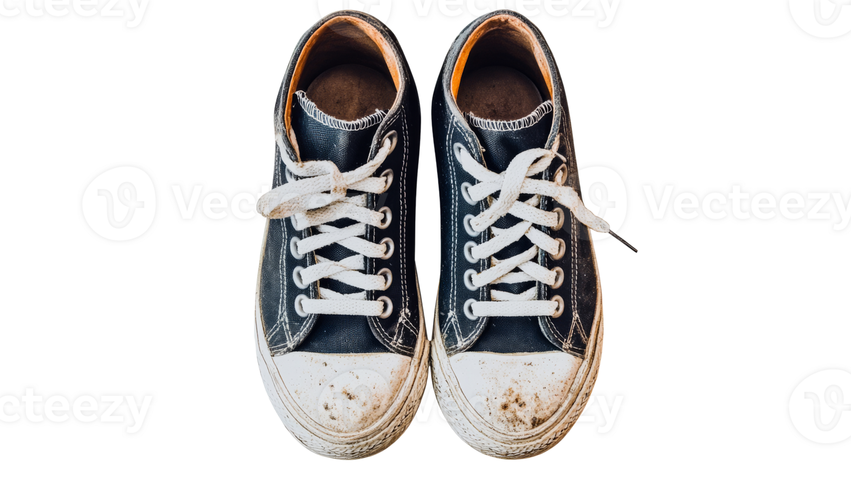 Worn black sneakers with white laces and dirty soles, cut out transparent png